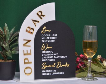 Arched Acrylic Open Bar Sign: Frosted Wedding Bar Menu, UV Print