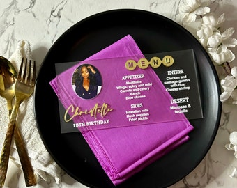 Tarjeta de menú de boda de acrílico esmerilado: elegante impresión UV, 4 x 9 pulgadas