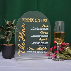 Custom Acrylic Wedding Bar Sign: Modern Arch Menu, UV Print