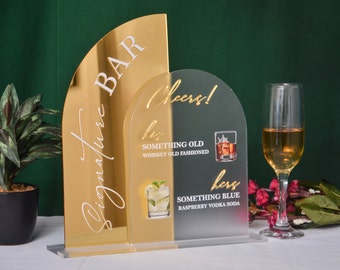 Custom Acrylic Wedding Signature Drink Sign: Gold Bar Menu, UV Print