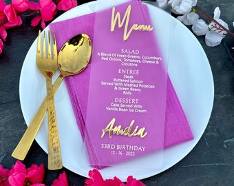 Tarjeta de menú de boda de acrílico esmerilado: elegante impresión UV, 4 x 9 pulgadas