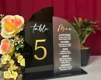 Black & Frosted Acrylic Wedding Menu Table Numbers with Stands