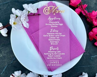 Tarjeta de menú de boda de acrílico esmerilado: elegante impresión UV, 4 x 9 pulgadas