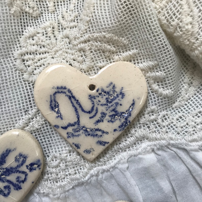 Hand painted heart shaped ceramic Christmas tree ornament, delft ceramic inspired, blue hanging decoration pendant, image 6