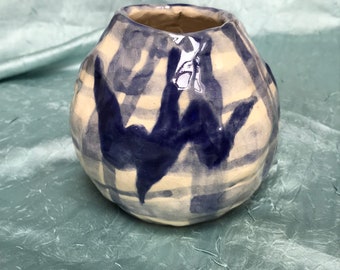 Handmade Ceramic vase, bird and flannel  / tartan pattern in deep blue, cottage-core eclectic jug