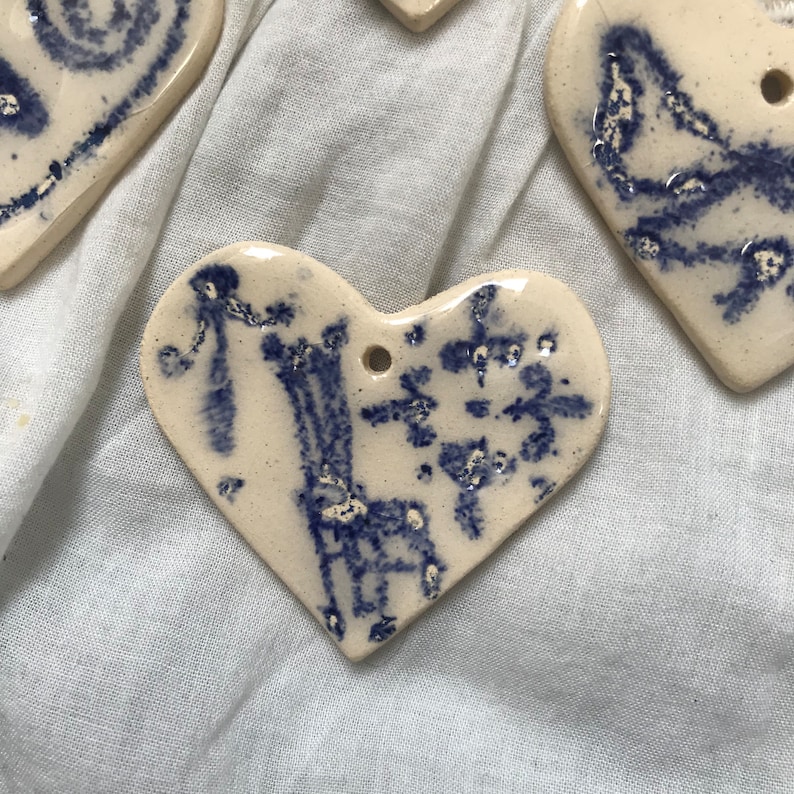 Hand painted heart shaped ceramic Christmas tree ornament, delft ceramic inspired, blue hanging decoration pendant, image 3