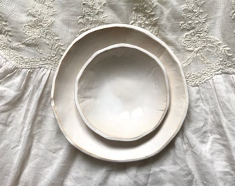 Set of 2 ceramic orgnaic shaped white plates, bowls, trinkets