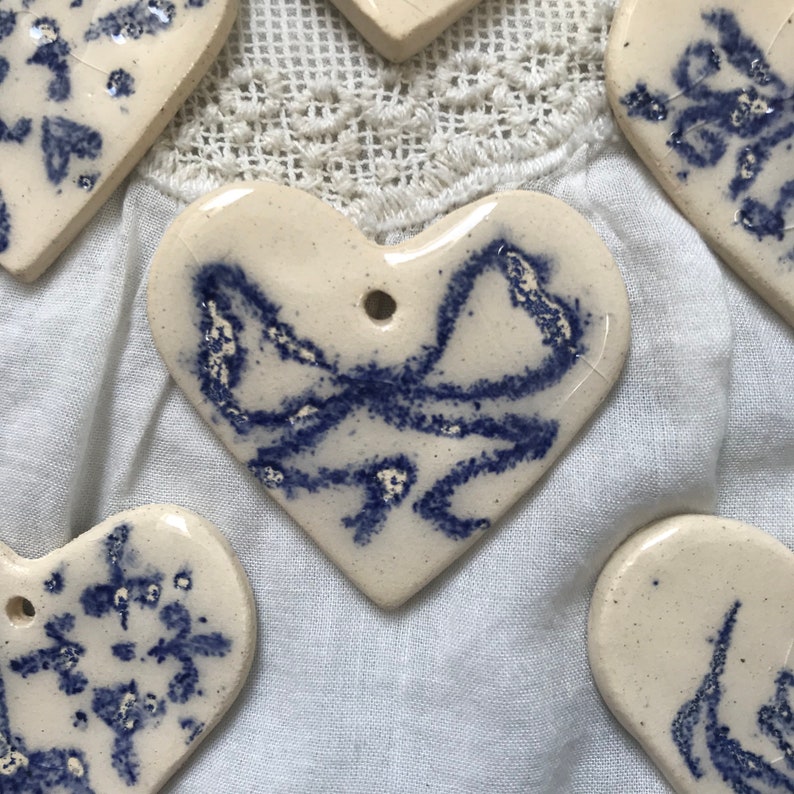 Hand painted heart shaped ceramic Christmas tree ornament, delft ceramic inspired, blue hanging decoration pendant, image 4