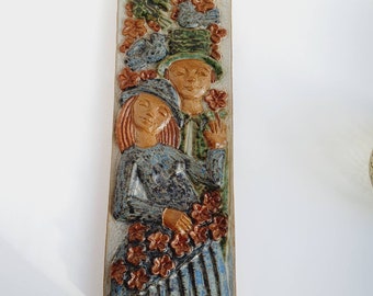 Vintage Marianne Starck Ceramic Wall Plaque: Danish Boho Couple Art