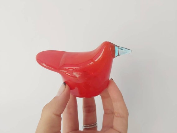 Oiva Toikka Sieppo Flycatcher: Red Glass Bird With Light Blue Beak