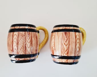 Vintage Secla Portugal Beer Mugs: Hand-Painted Ceramic Barrel Cups
