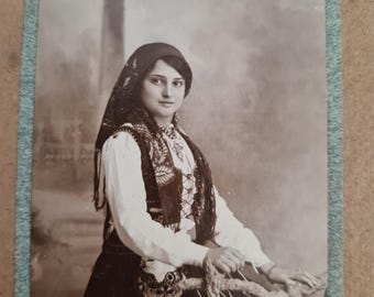 Antique Portuguese Photograph: Woman in Folk Costume, Framed Studio Portrait