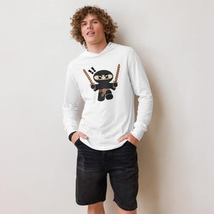 Cute Ninja Samurai Cool Cartoon Geek Nerd Gift Him Her Christmas Birthday Present Unisex Hooded Long-sleeve T-Shirt Tee
