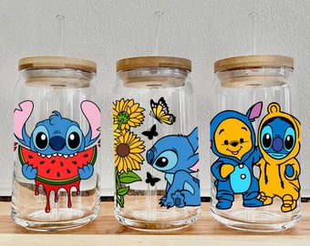 Stitch Disney Iced Coffee/Smoothie Glass Cup designs with Lid and Straw, Mugs, Tumbler or Water Bottle Gifts | FREE DELIVERY