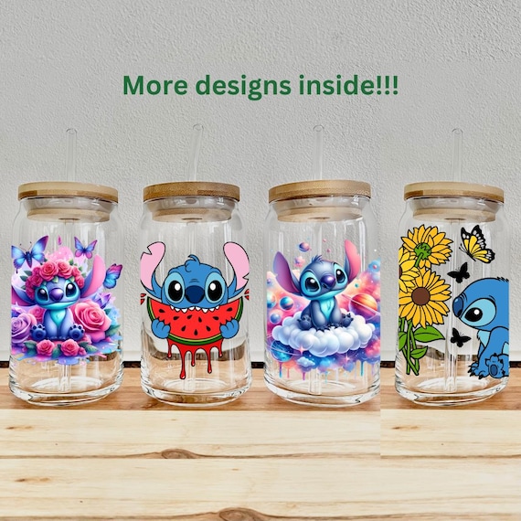 Stitch Disney Iced Coffee/Smoothie Glass Cup designs with Lid and Straw, Mugs, Tumbler or Water Bottle Gifts | FREE DELIVERY