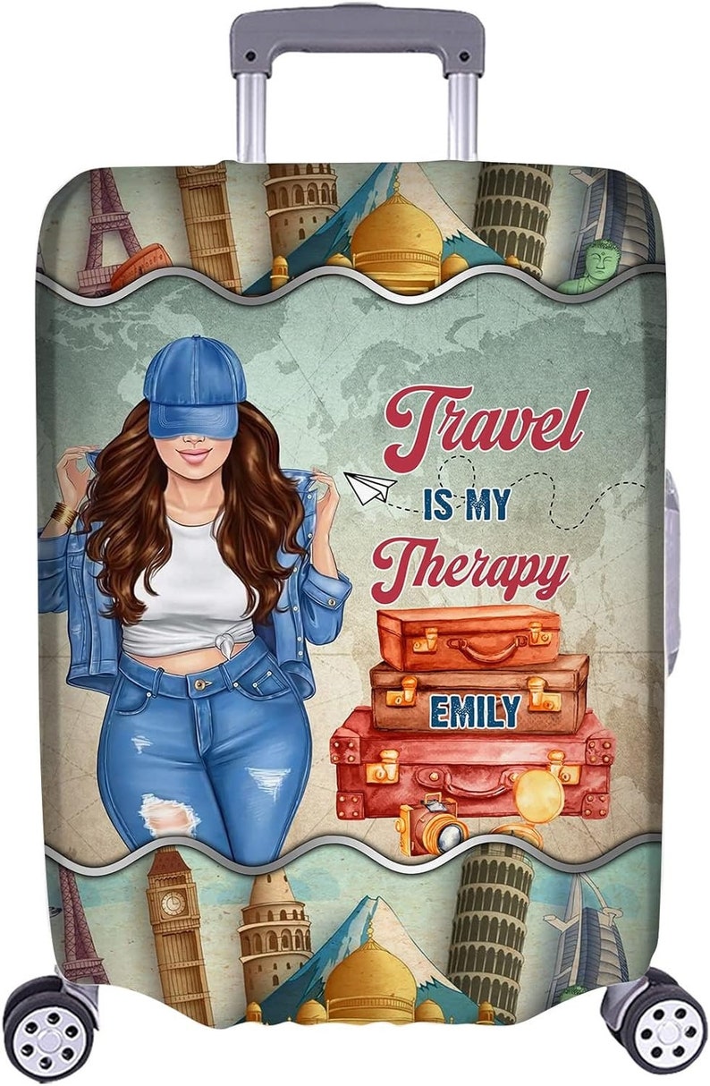 Personalized Name Travel is My Therapy Luggage Cover Protector, Travel