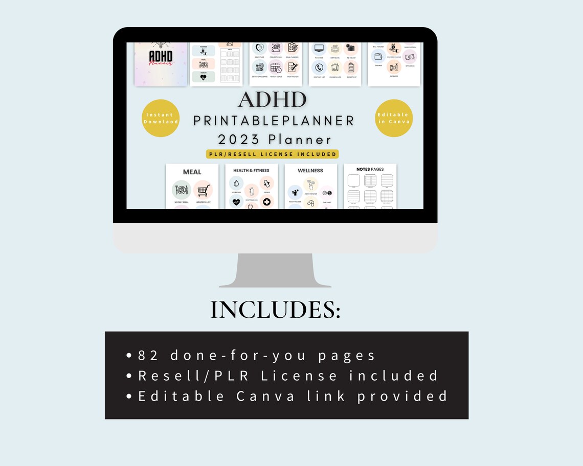 PLR ADHD Printable Planner Template Editable Daily Weekly Etsy