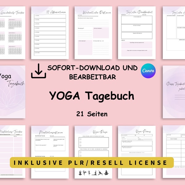 PLR Yoga Tagebuch Deutsch zum Online Verkaufen Wellness Unternehmer Shops bearbeitbar in Canva Private Label Rights Studio Blog Marketing