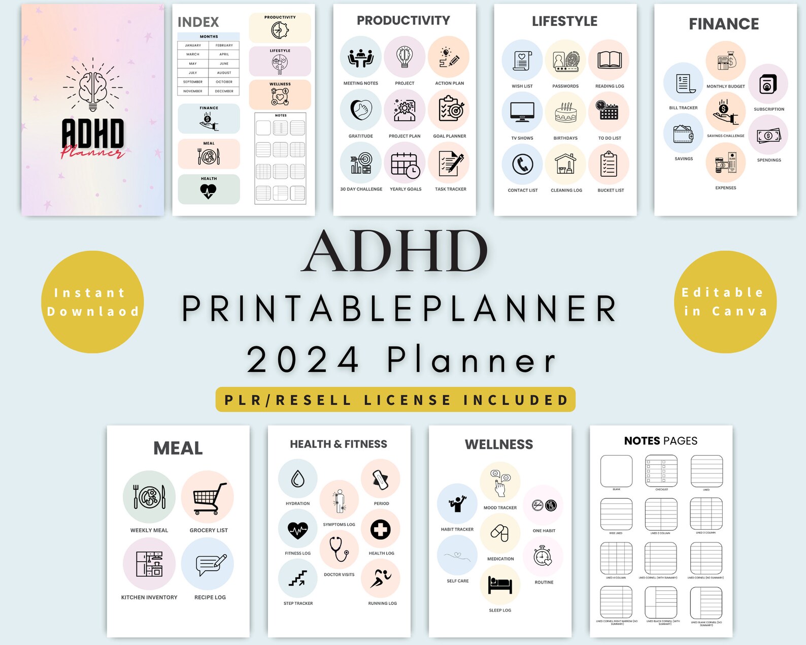 PLR ADHD Printable Planner Template Editable Daily Weekly Etsy