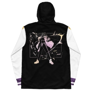 May include: Black hooded jacket with white sleeves and a purple stripe detail. The back features a graphic illustration of a character with a sword and chain. The jacket has a black hood and gold accents.