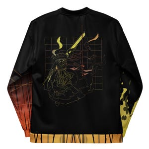 Może przedstawiać: Czarna kurtka bomberka z żółto-pomarańczową ilustracją postaci z mieczem. Projekt umieszczono na wzorze kratki. Rękawy mają pomarańczowo-żółty gradient. Stylowa odzież wierzchnia.