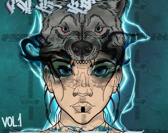 May include: A digital illustration of a person with a wolf head on top of their head. The wolf head is gray with red eyes and a black nose. The person has blue eyes and a black tattoo on their chin. The background is a teal blue color with a white pattern.