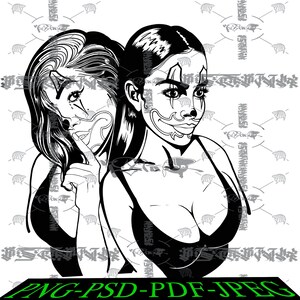 May include: Black and white illustration of two women with clown makeup. One woman is placing a finger to her lips, while the other looks forward. The image is a digital graphic with the text "PNG-PSD-PDF-JPEG" at the bottom.