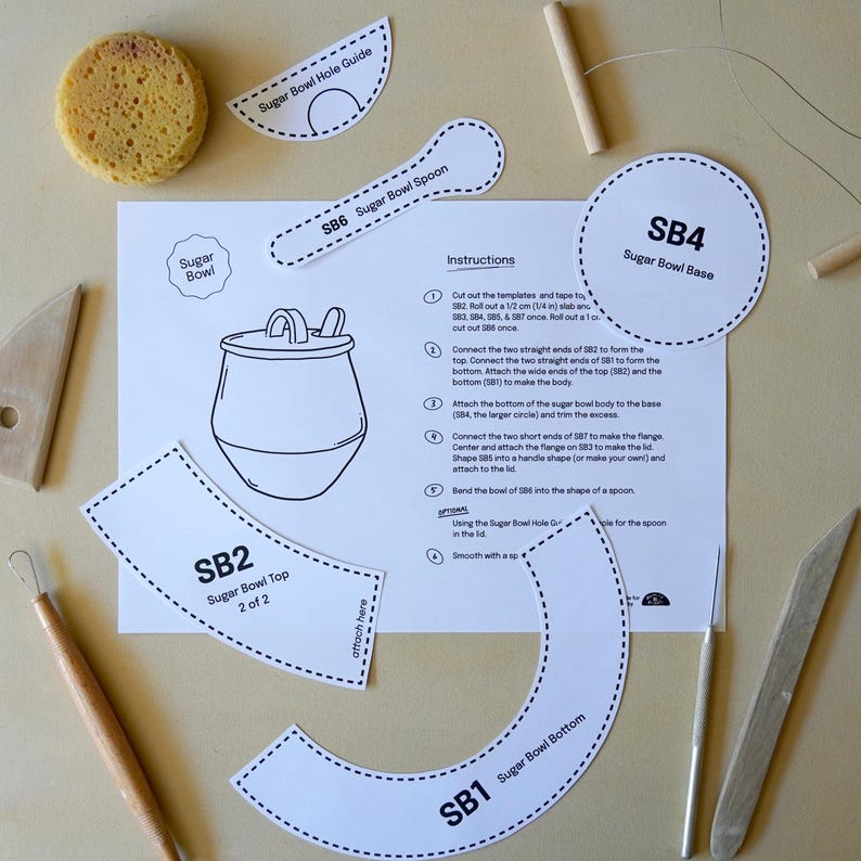 May include: A craft project with paper templates for a sugar bowl, including a base, top, and spoon. A sponge and tools are also present. The instructions are printed on a white sheet.