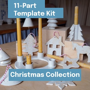 May include: A collection of ceramic Christmas ornaments and candle holders. The ornaments include a house, star, horse, and tree shapes. The candle holders are white with yellow candles. The text "11-Part Template Kit" and "Christmas Collection" are displayed.