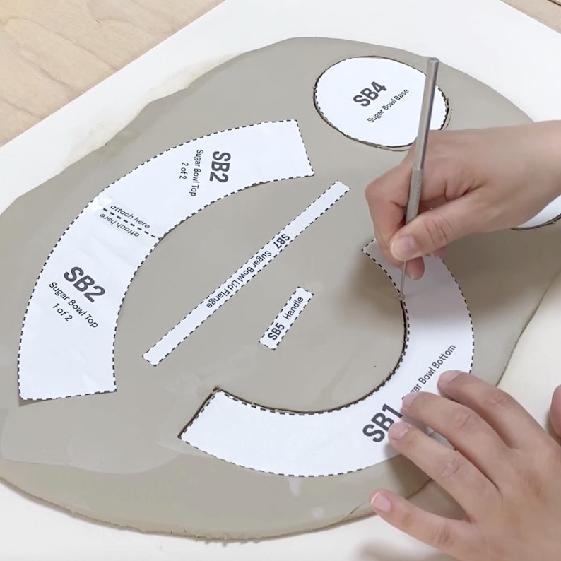May include: Hands using a tool to cut around paper templates on a grey clay slab. The templates are labelled with text such as "Sugar Bowl Top" and "Handle". The image shows the process of creating a sugar bowl.