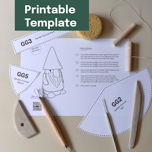 May include: A printable template for a garden gnome craft project, including paper cutouts labeled GG2, GG3, and GG5, a set of clay sculpting tools, a small yellow sponge, and a printed instruction sheet with a QR code and a line drawing.