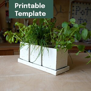 Peut inclure: Un ensemble de trois jardinières carrées blanches avec de petites taches brunes, disposées en rangée sur un plateau rectangulaire assorti. Les jardinières contiennent des herbes vertes, dont du basilic et de la menthe. Texte : Printable Template.