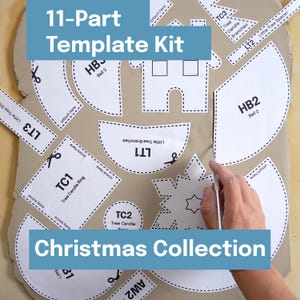 Op de afbeelding: Een 11-delige sjabloonset voor een kerstcollectie. De set bevat verschillende papieren uitsparingen om te knutselen, met labels zoals "Tree Candle Ring" en "Little Tree Branches". De tekst "Christmas Collection" is ook zichtbaar.
