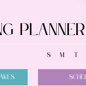 Könnte beinhalten: Ein hellrosa Hintergrund mit dem Text "BAKING PLANNER" in Schwarz. Unter dem Text befindet sich eine Linie und der Text "DATES:" in Schwarz. Darunter befindet sich eine Reihe von Wochentagen, "S M T W T F S", in Schwarz. Darunter befinden sich zwei Schaltflächen, eine türkisfarbene und eine violette. Die türkisfarbene Schaltfläche lautet "TODAYS BAKES" und die violette Schaltfläche lautet "SCHEDULE".