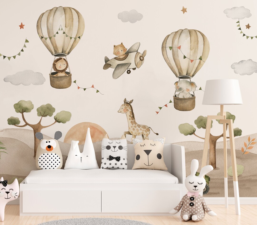 Hot Air Balloon Animal Wallpaper, Kids Wallpaper Peel and Stick, Nursery Wall Decal, Removable
