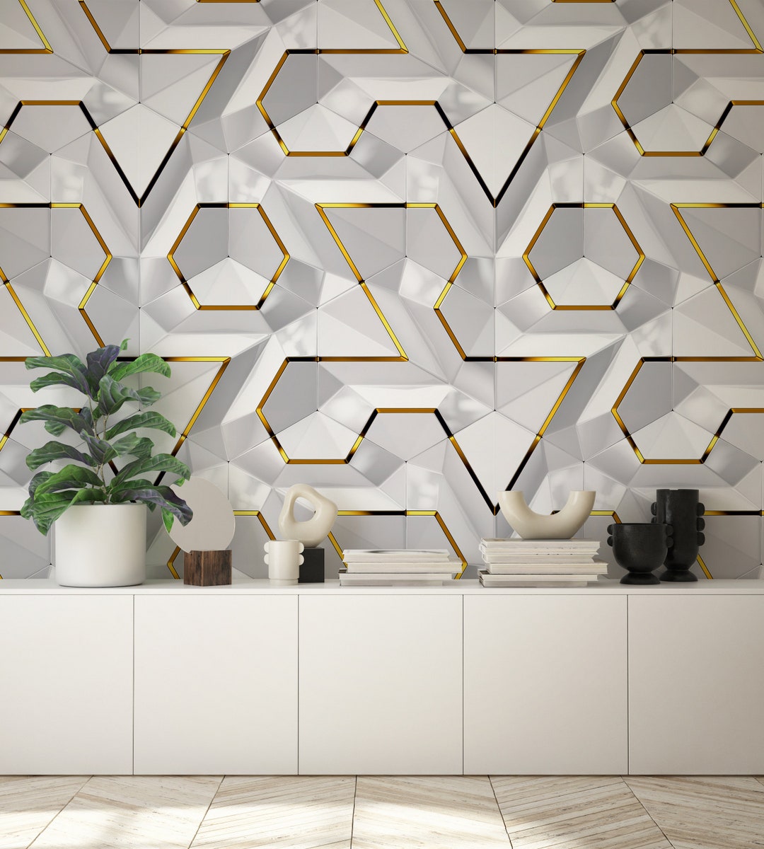 White Gold Geometric Wallpaper, Marble Wallpaper, Peel and Stick Marble