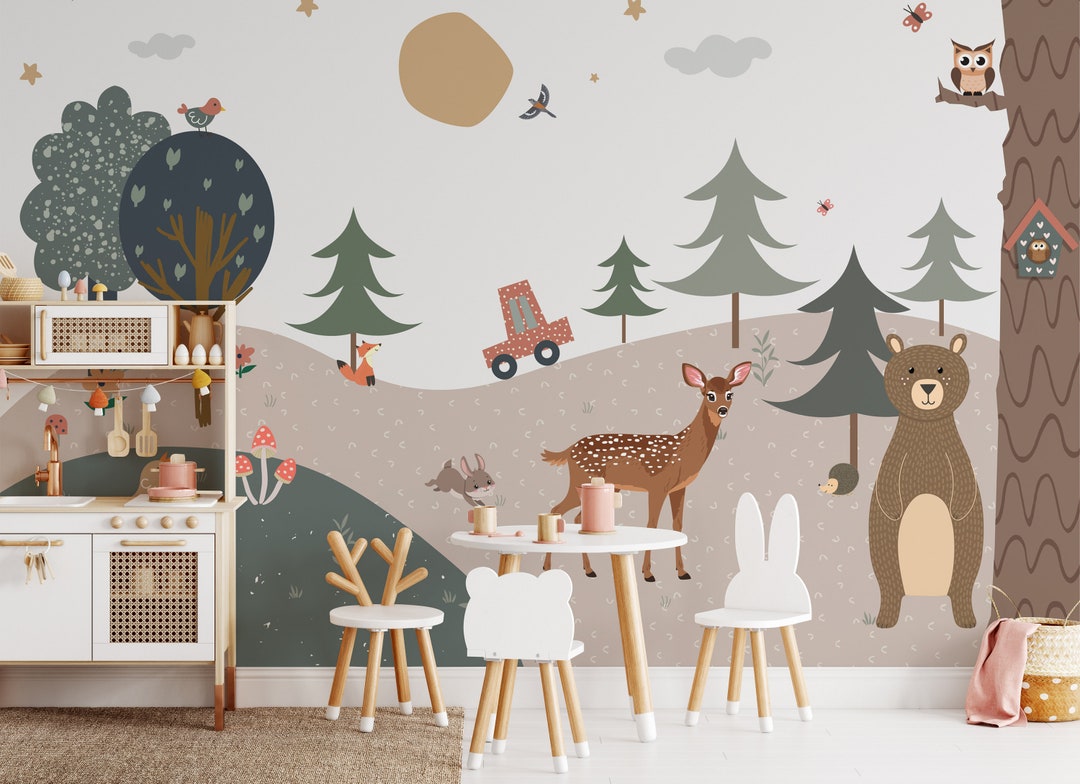Bear Animals Nursery Wallpaper Kids Wallpaper Peel and Stick - Etsy