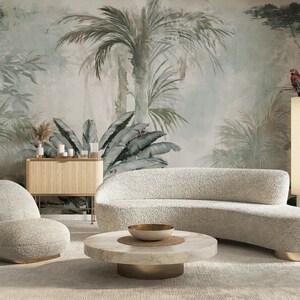 Parrot Palm Leaves Wallpaper, Tropical Wallpaper, Peel and Stick Floral