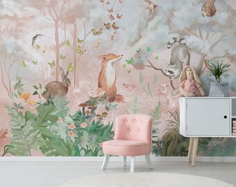 Fondo de pantalla de animales del bosque rosa, papel pintado para niños Peel and Stick, calcomanía de pared de guardería, papel pintado extraíble para niños, fondo de pantalla de guardería, pared de palo