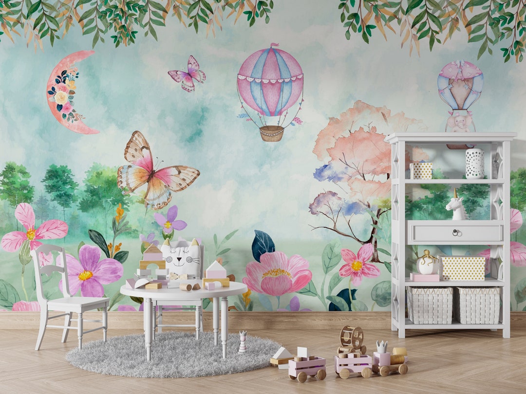 Watercolor Nursery Wallpaper, Kids Wallpaper Peel and Stick, Pink Wall