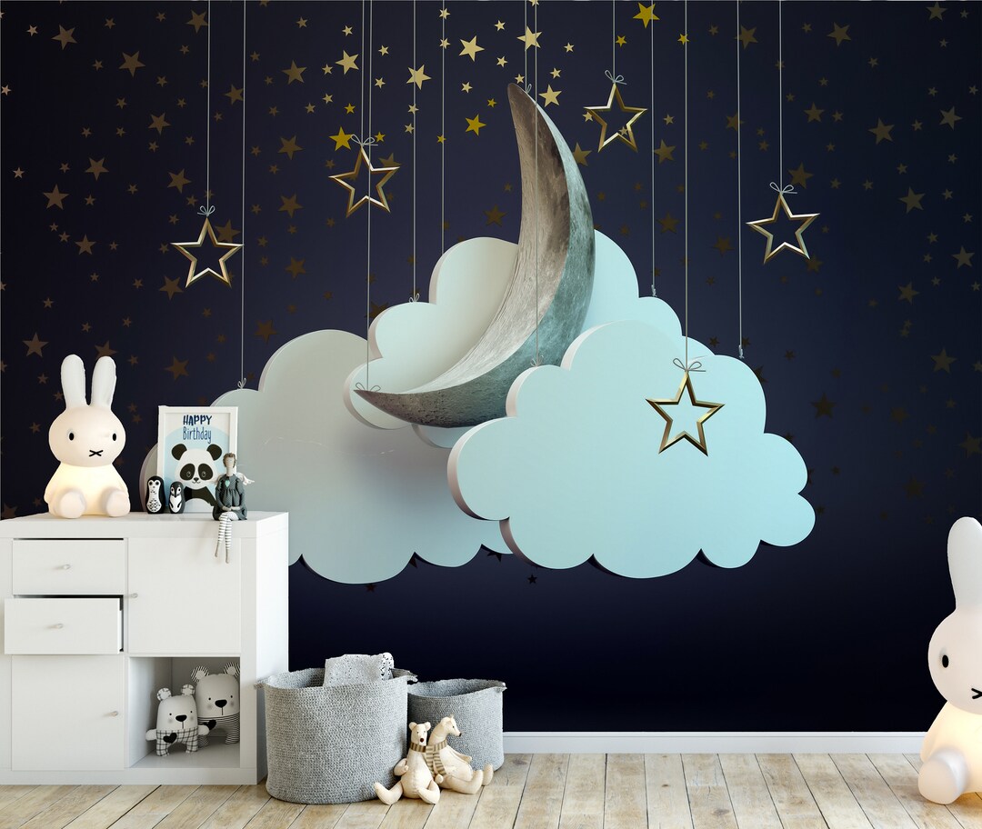 3D Clouds Star Nursery Wallpaper Kids Wallpaper Peel and - Etsy