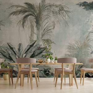 Parrot Palm Leaves Wallpaper, Tropical Wallpaper, Peel and Stick Floral