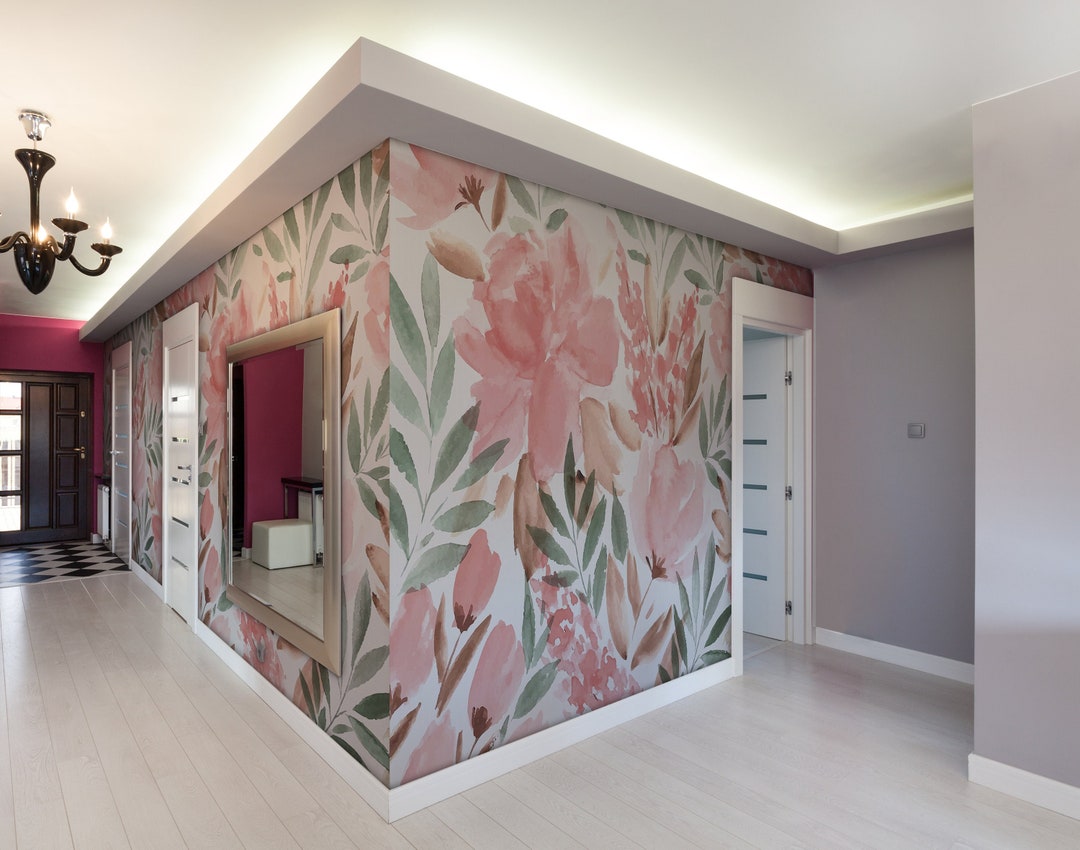 Flower Pink Wallpaper Floral Wallpaper Peel and Stick - Etsy