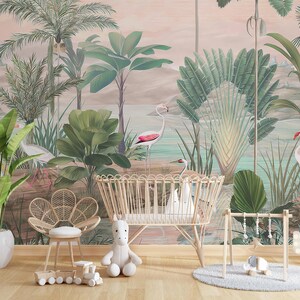 Flamingo Tropical  Wallpaper, Tropical Wallpaper, Peel and Stick Mural Wallpaper, Removable Wallpaper, Self Adhesive, Art Deco Wallpaper