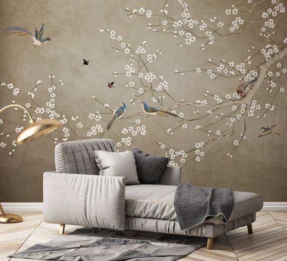 Floral Mural Wallpaper, Wallpaper Floral Norway Peel Flower Stick, and Removable Asian - Mural Chinoiserie Wallpaper Wallpaper, Wallpaper, Etsy Flowers