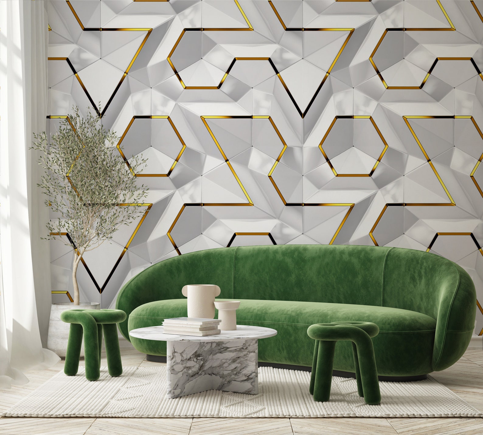 White Gold Geometric Wallpaper Marble Wallpaper Peel and Etsy