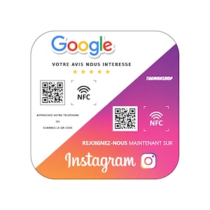 Puede incluir: Un cuadrado blanco y rosa con esquinas redondeadas. La mitad superior del cuadrado es blanca con la palabra "Google" en una fuente colorida. La mitad inferior del cuadrado es rosa con el texto "REJOIGNEZ-NOUS MAINTENANT SUR Instagram" y un icono de cámara. El cuadrado también contiene dos códigos QR, uno a cada lado, y el texto "NFC" en un cuadro blanco.