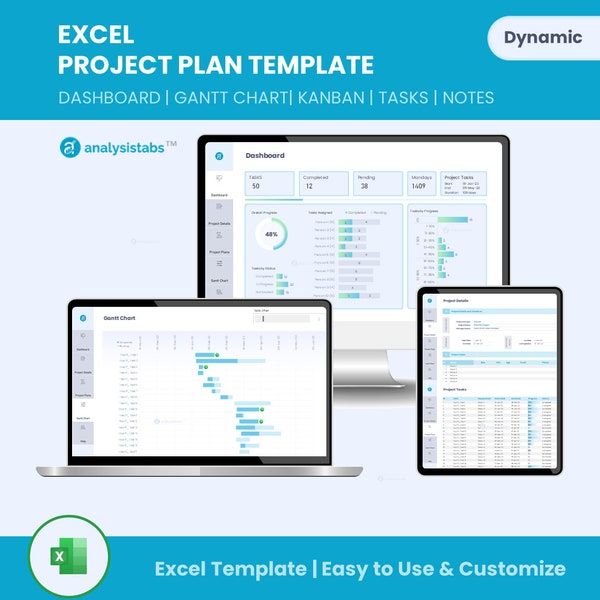 Modello Excel del piano di progetto/Tracciatore di progetto, Tracciatore di attività/Dashboard automatizzato, Diagramma di Gantt, Visualizzazione Kanban/Foglio di calcolo della pianificazione delle attività