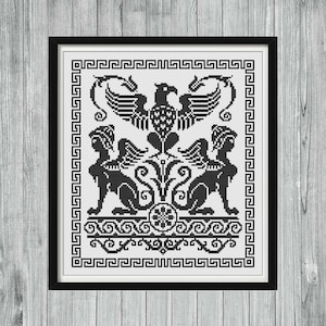 Adler und Sphinxe Kreuzstich Sampler, Antik Monochrome Kreuzstichvorlage, Rokoko Mythologie Fantasy Kreuzstich PDF Muster