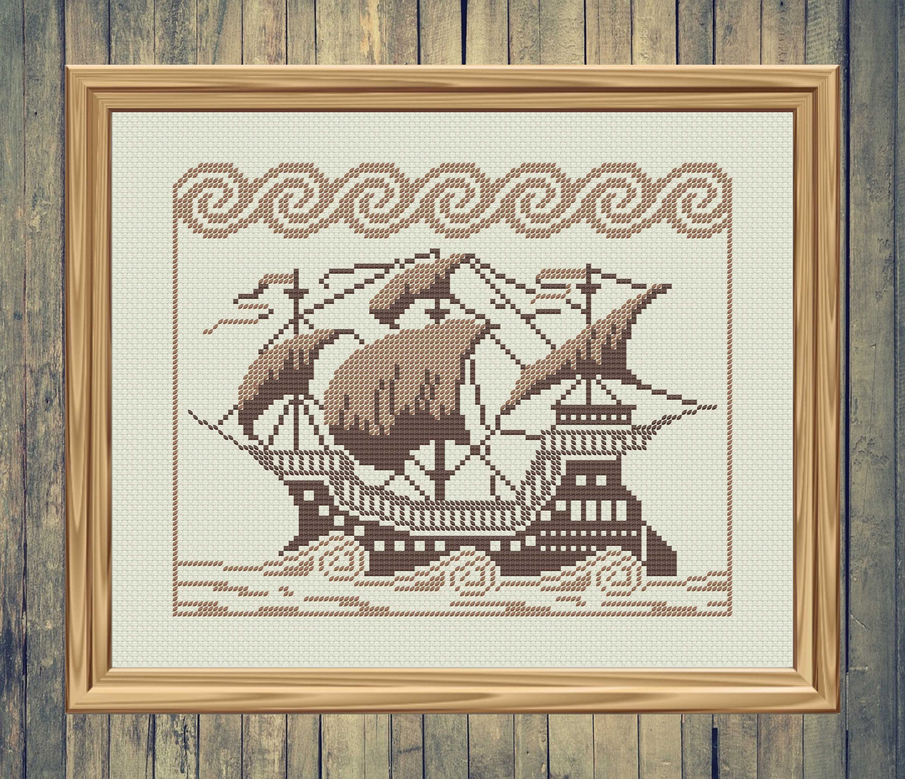Antique Sailing Ship Cross Stitch Pattern, Boat Sampler (PDF